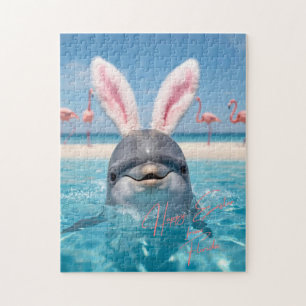Happy Easter Florida Beach Flamingos and Dolphin Jigsaw Puzzle