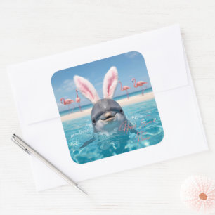 Happy Easter Florida Beach Flamingos and Dolphin Square Sticker