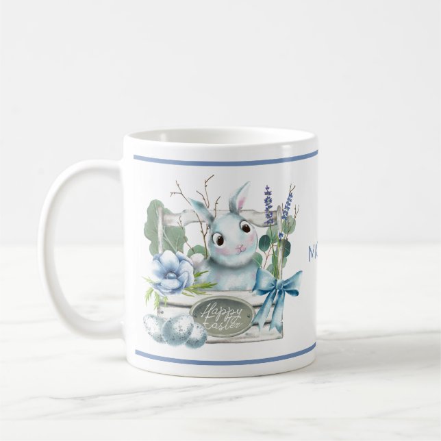 Happy Easter Flower Blue Bunny Rabbit Personalised Coffee Mug (Left)