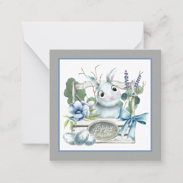 Happy Easter Flower Box Blue Bunny Rabbit Card (Front)
