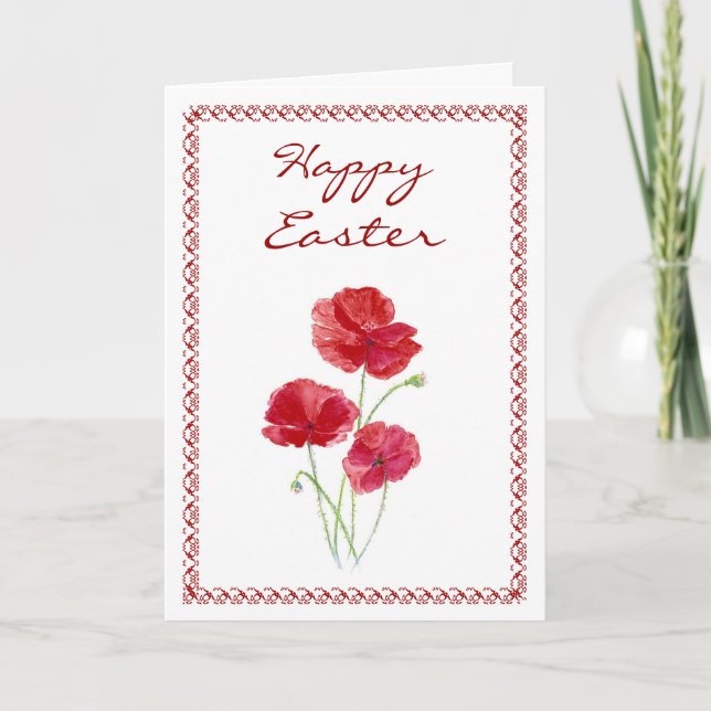 Happy Easter Flower Red Poppy Flower Garden Art Holiday Card (Front)