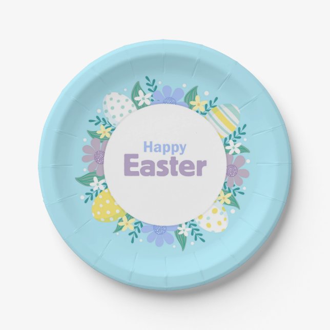 Happy Easter Flowers and Eggs  Paper Plate (Front)