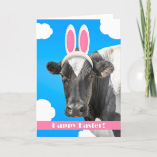 Happy Easter For Anyone Funny Cow in Bunny Ears Holiday Card