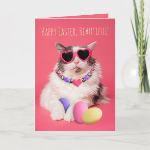 Happy Easter For Anyone Glamourous Cat With Eggs  Holiday Card