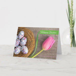 Happy Easter For Anyone Pink Tulip and Eggs Holiday Card