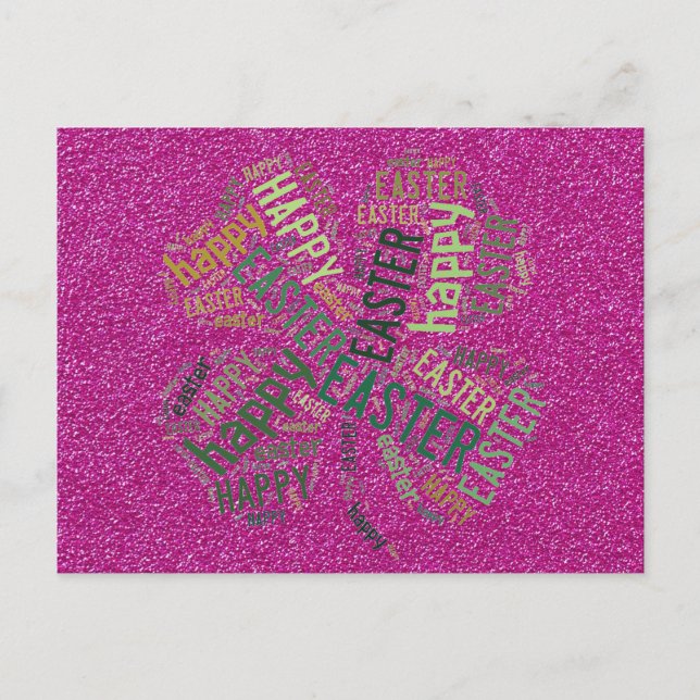 Happy Easter Four-Leaf Clover Glitter Pink Green Holiday Postcard (Front)