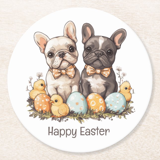 Happy Easter French Bulldogs Round Paper Coaster (Front)