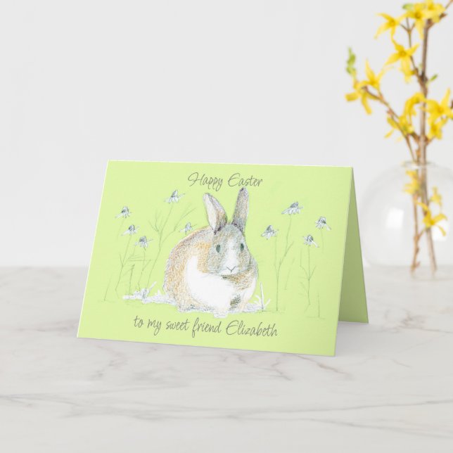 Happy Easter Friend Rabbit Custom Name Personalise Card (Yellow Flower)