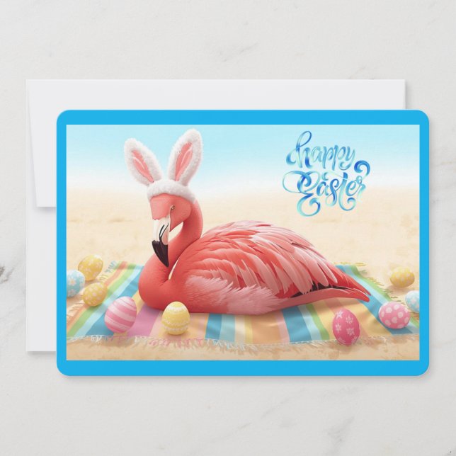 Happy Easter from Florida Flamingo Bunny on Beach Holiday Card (Front)