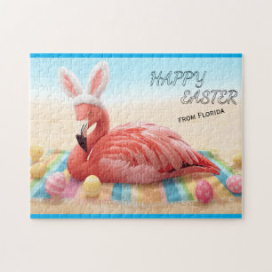 Happy Easter from Florida Flamingo Bunny on Beach  Jigsaw Puzzle