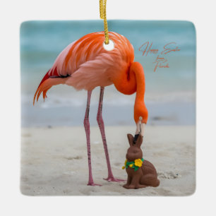 Happy Easter from Florida Flamingo on Beach Ceramic Ornament
