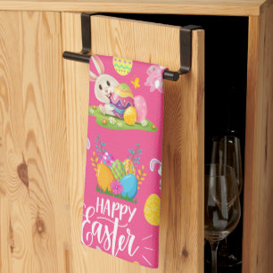 Happy Easter ,Funny Bunny Wishes And Colorful     Tea Towel