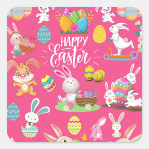 Happy Easter ,Funny Bunny Wishes And Colourful   Square Sticker