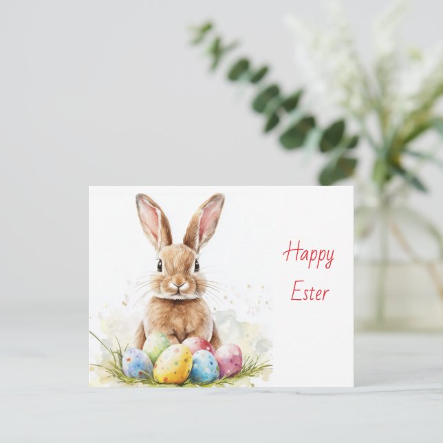 Happy Easter – Funny Bunny with Egg Delight Holiday Postcard (Standing Front)