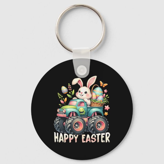Happy Easter Funny Construction Trucks Kids Bunny  Key Ring (Front)