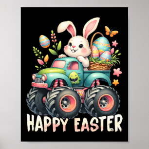 Happy Easter Funny Construction Trucks Kids Bunny Poster