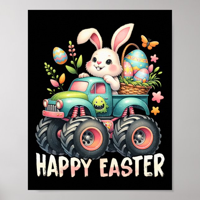 Happy Easter Funny Construction Trucks Kids Bunny  Poster (Front)