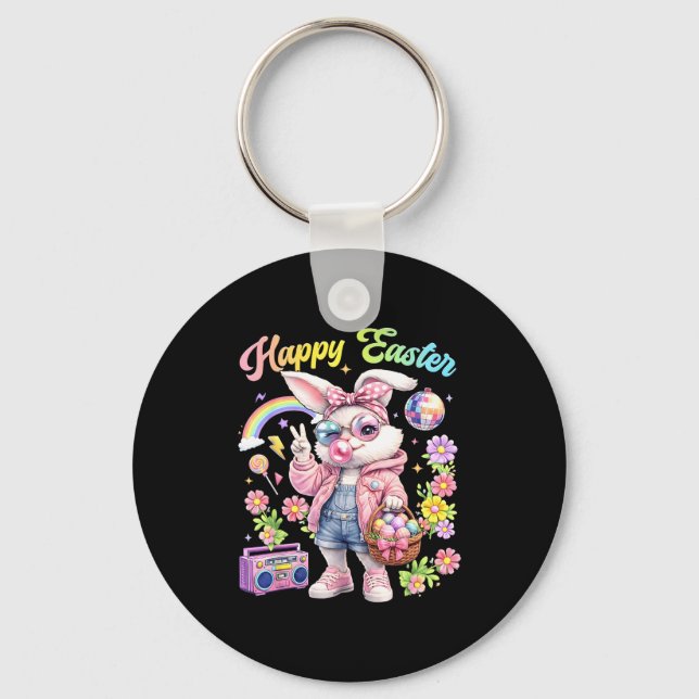 Happy easter funny cute bunny easter eggs girl key ring (Front)