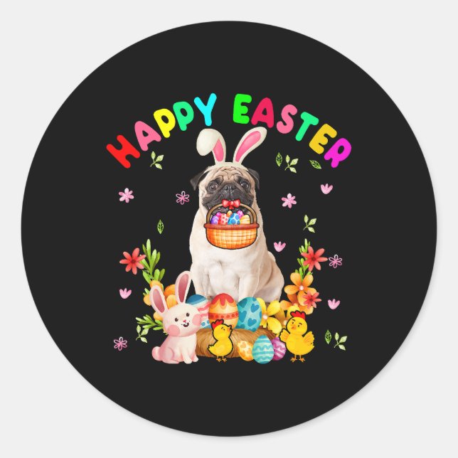 Happy Easter Funny Easter Day Pug Bunny Eggs Lover Classic Round Sticker (Front)