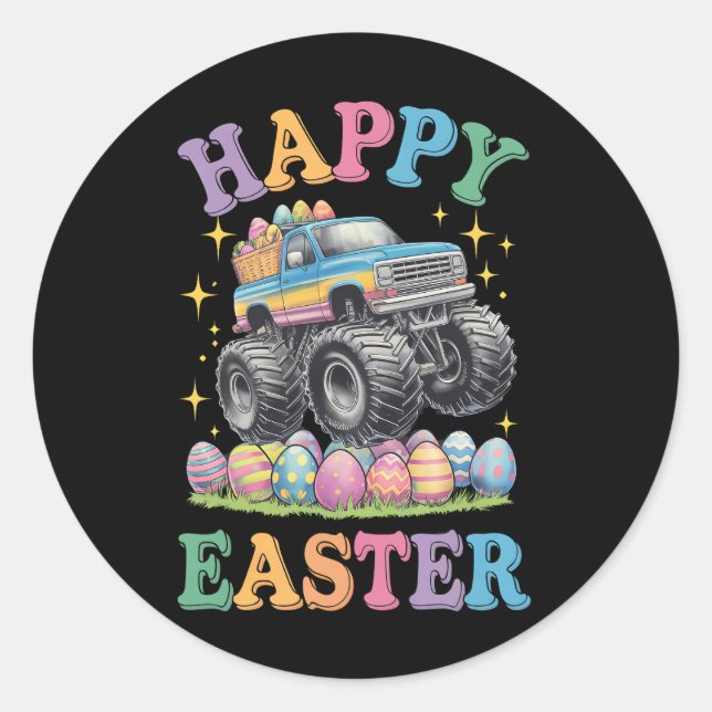 Happy Easter Funny Monster Truck Crush Eggs Classic Round Sticker (Front)