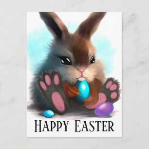 Happy Easter Furry Bunny and Eggs Postcard