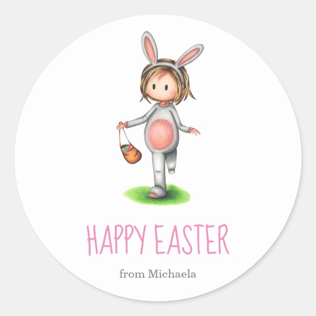 Happy Easter Girl in Rabbit Costume Kids Holiday Classic Round Sticker (Front)