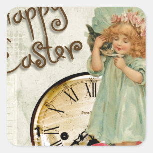 happy easter girl square sticker
