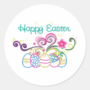 Happy Easter Glitter Eggs & Floral Classic Round Sticker