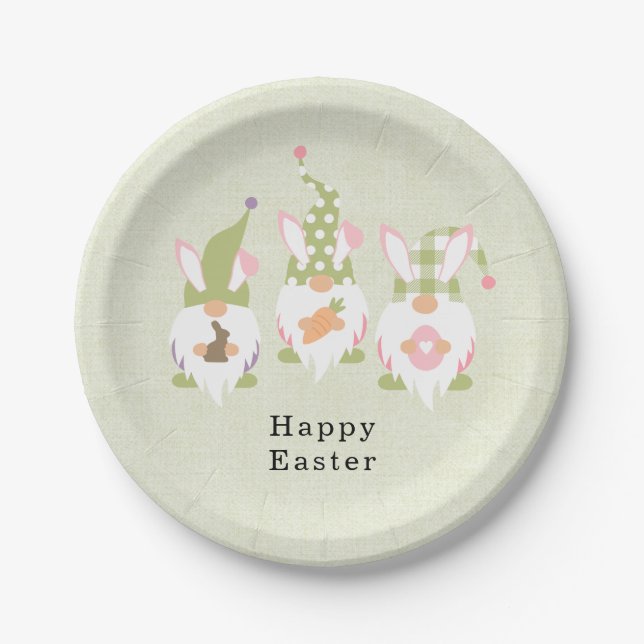 Happy Easter Gnomes Green Paper Plate (Front)