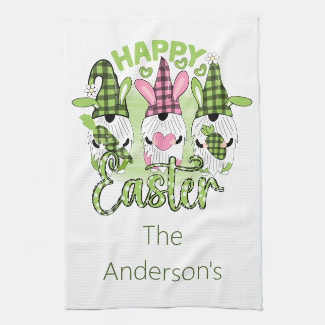 Happy Easter Gnomes with Bunny Ears Pink Green  Tea Towel (Vertical)