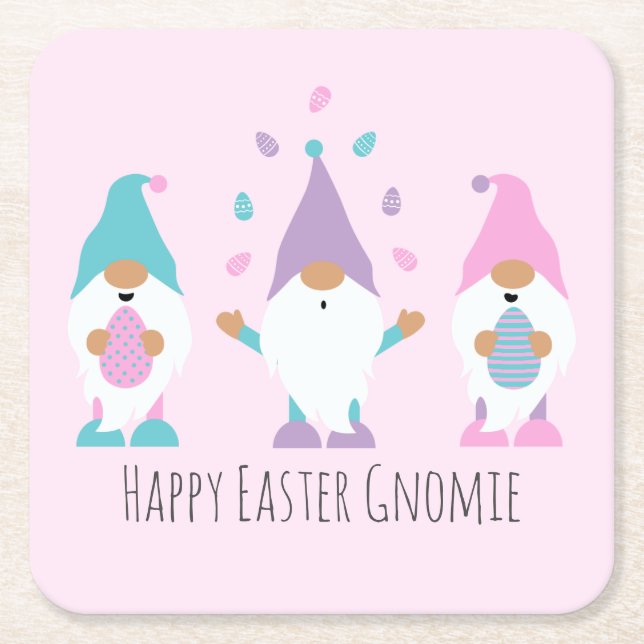 Happy Easter Gnomie Juggling Easter Eggs Square Paper Coaster (Front)