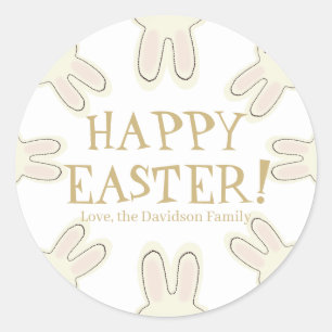 Happy Easter gold custom text cute bunnies fun Classic Round Sticker