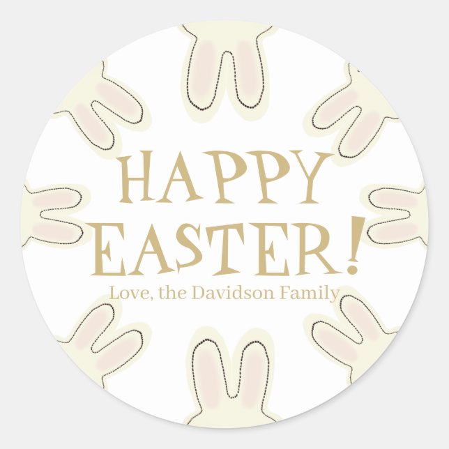 Happy Easter gold custom text cute bunnies fun Classic Round Sticker (Front)