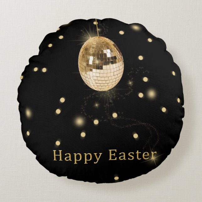 Happy Easter Gold Disco Ball Round Cushion (Front)