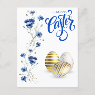 Happy Easter Gold Eggs Cornflowers Postcard