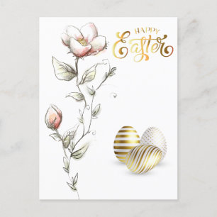 Happy Easter Gold Eggs Roses Postcard