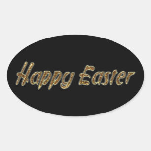 Happy Easter Gold Glitter Text Typography Elegant Oval Sticker