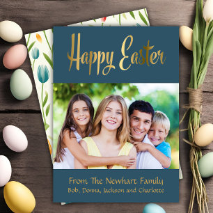 Happy Easter Gold Script Custom Photo Holiday Card