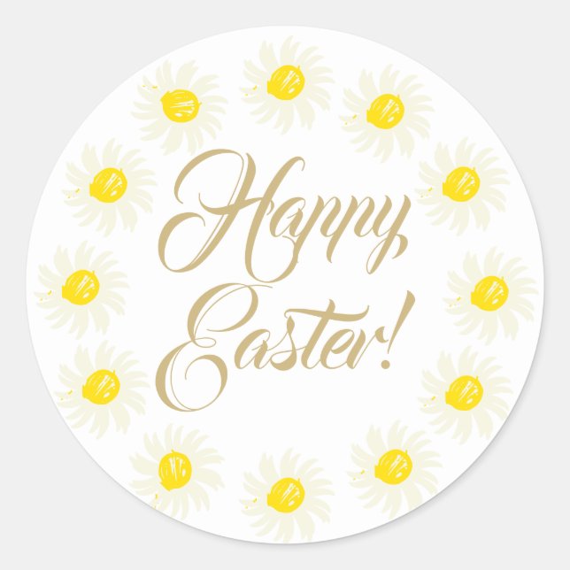 Happy Easter gold script cute daisy floral frame Classic Round Sticker (Front)