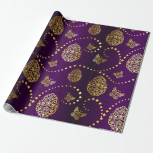 Happy Easter Golden Eggs and Butterflies Purple Wrapping Paper