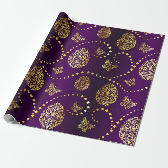 Happy Easter Golden Eggs and Butterflies Purple Wrapping Paper (Unrolled)