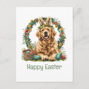 Happy Easter Golden Retriever Dog Bunny Ears Holiday Postcard
