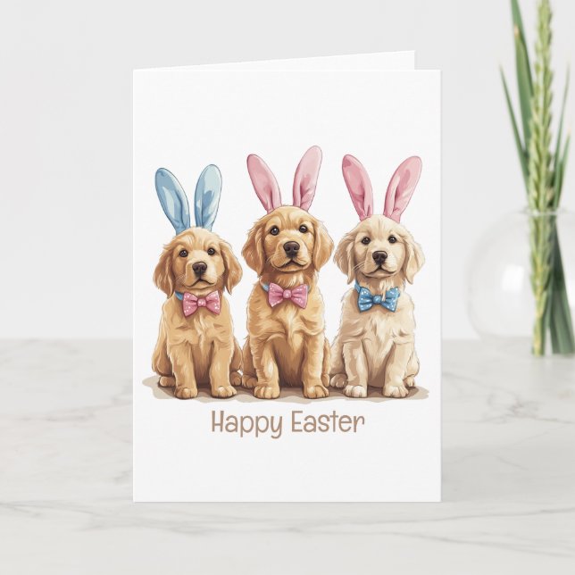 Happy Easter Golden Retriever Dogs Bunny Ears Holiday Card (Front)