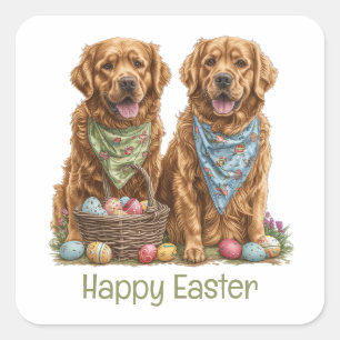 Happy Easter Golden Retriever Dogs Easter Basket Square Sticker