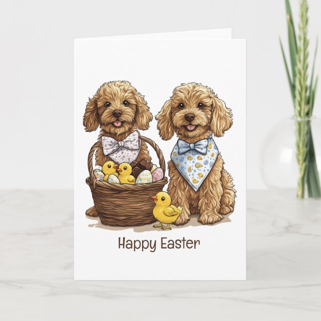 Happy Easter Goldendoodle Dogs Easter Basket Holiday Card (Front)