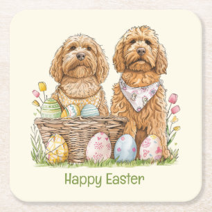 Happy Easter Goldendoodle Dogs Square Paper Coaster
