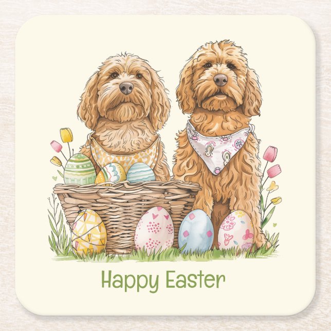Happy Easter Goldendoodle Dogs Square Paper Coaster (Front)