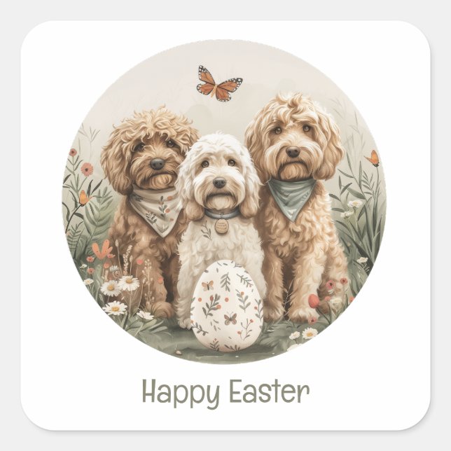 Happy Easter Goldendoodle Dogs Square Sticker (Front)