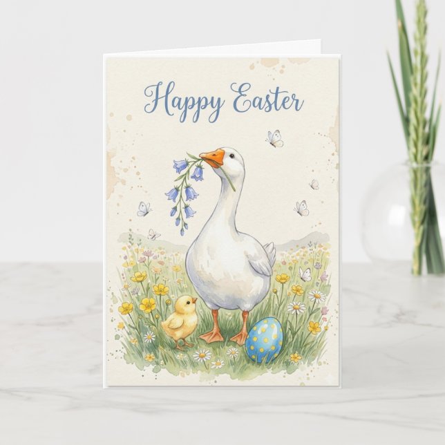 Happy Easter Goose Card | Chick & Bellflowers (Front)
