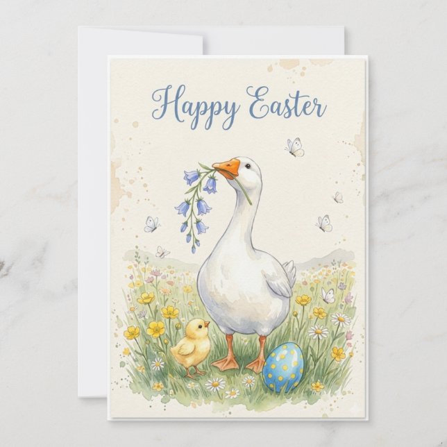 Happy Easter Goose Card | Chick & Bellflowers (Front)